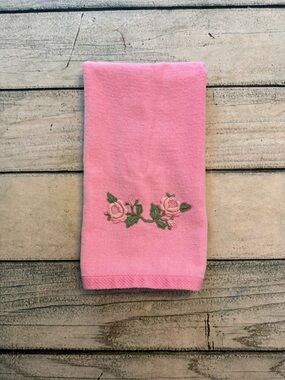 Vintage Martex pink embroidered floral hand towel. (Light fading)